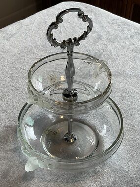 Two-Tier Glass Serving Stand with Frosted Floral Accents